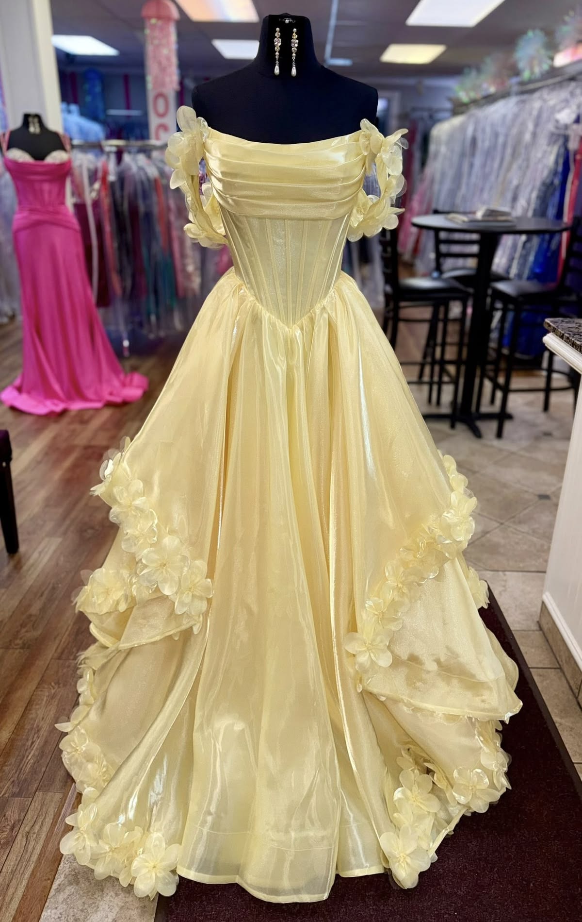 Off The Shoulder Yellow Formal Prom Dress With Flowers  J11668