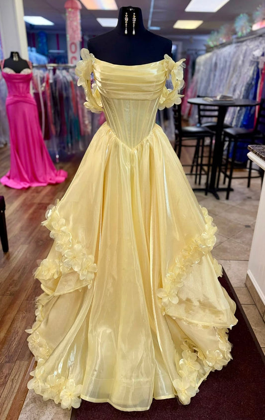 Off The Shoulder Yellow Formal Prom Dress With Flowers  J11668