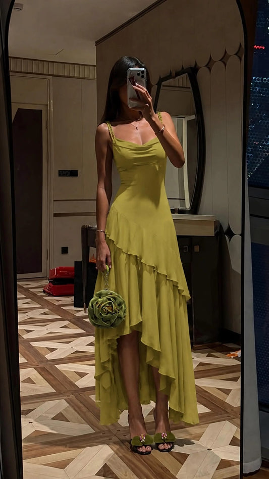 Olive Green Chiffon Formal Wedding Guest Dress Ruffled Prom Dress  J11295