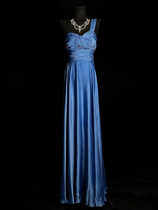 One Shoulder A Line Blue Satin Wedding Guest Dress Bridesmaid Dress J10166