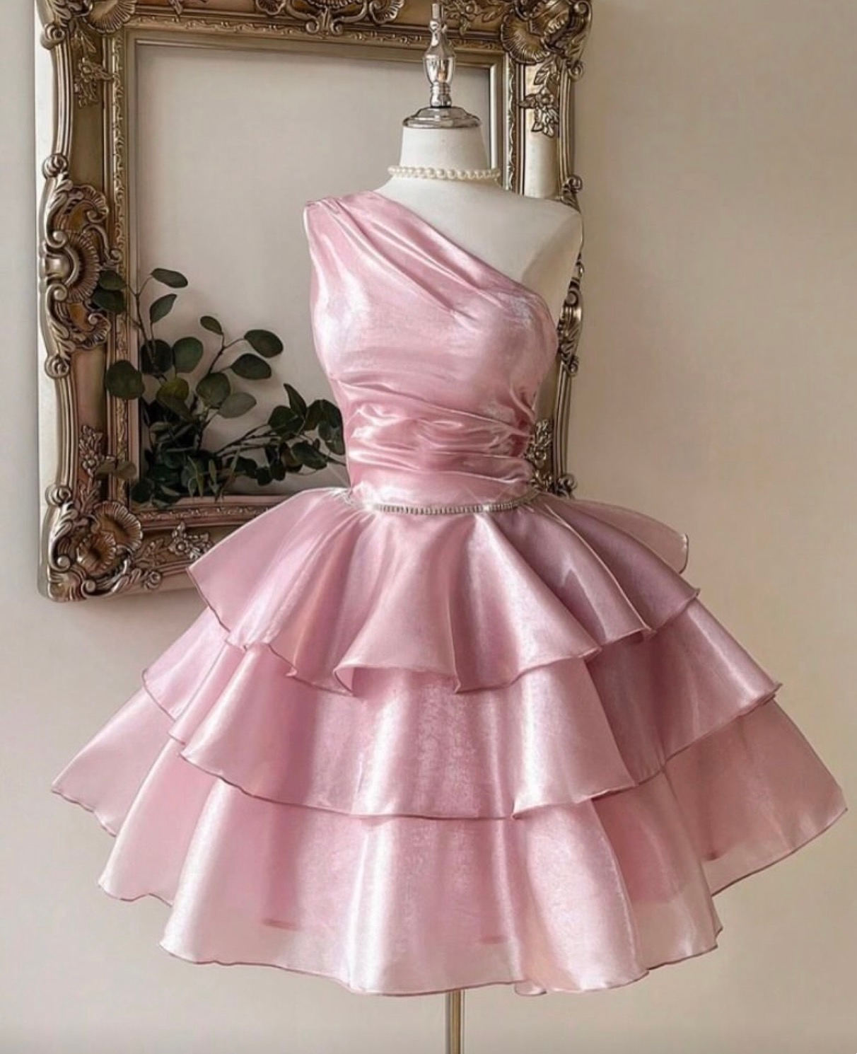 One Shoulder A Line Layered Pink Homecoming Dress  J11354