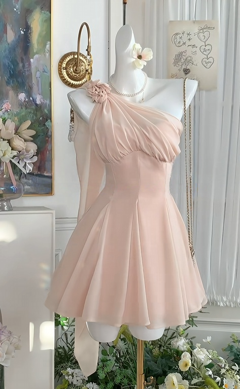 One Shoulder A Line Pink Chiffon Homecoming Dress  J10987