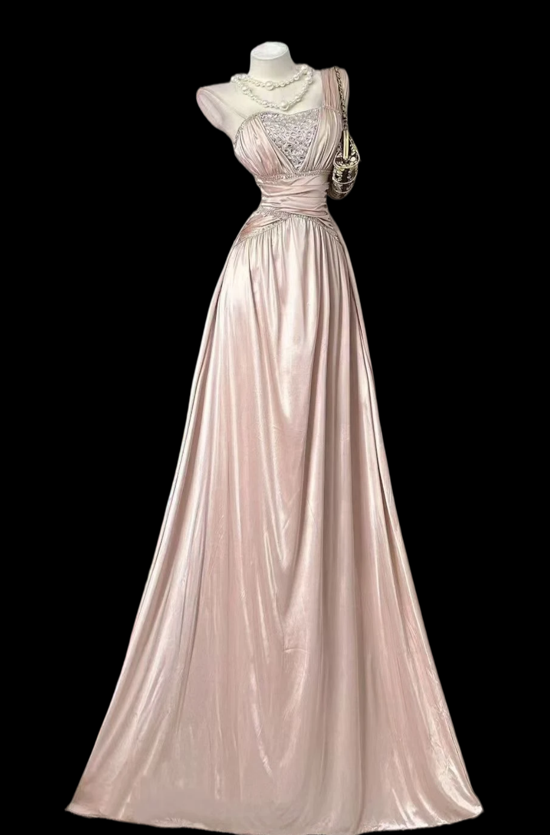 Trägerloses silbernes Vintage-Abendkleid, A-Linie, Geburtstagskleid J9370