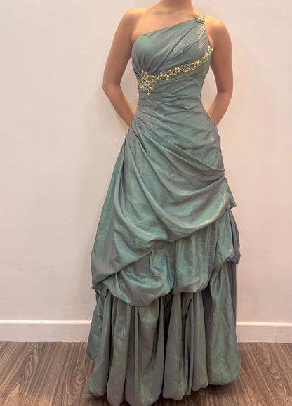 Trägerloses silbernes Vintage-Abendkleid, A-Linie, Geburtstagskleid J9370