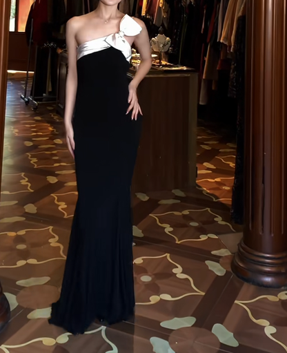 One Shoulder Black Mermaid Prom Dress With Bow  J9671