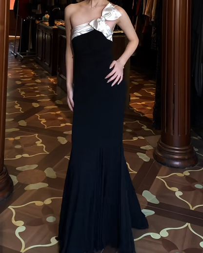 One Shoulder Black Mermaid Prom Dress With Bow  J9671