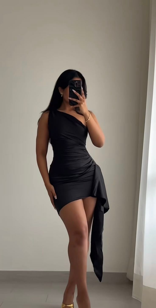 One Shoulder Black Sheath Satin Homecoming Dress J10697