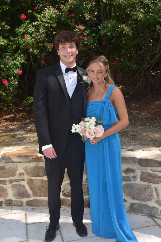 One Shoulder Blue Chiffon Wedding Guest Dress J10951