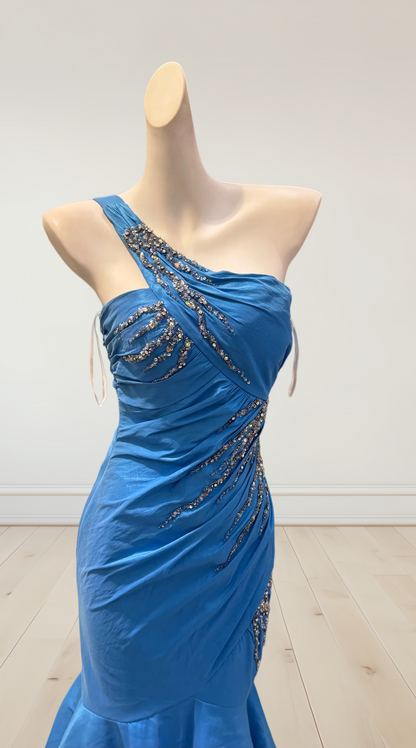 One Shoulder Blue Mermaid Prom Dress Beading Evening Gown  J10264