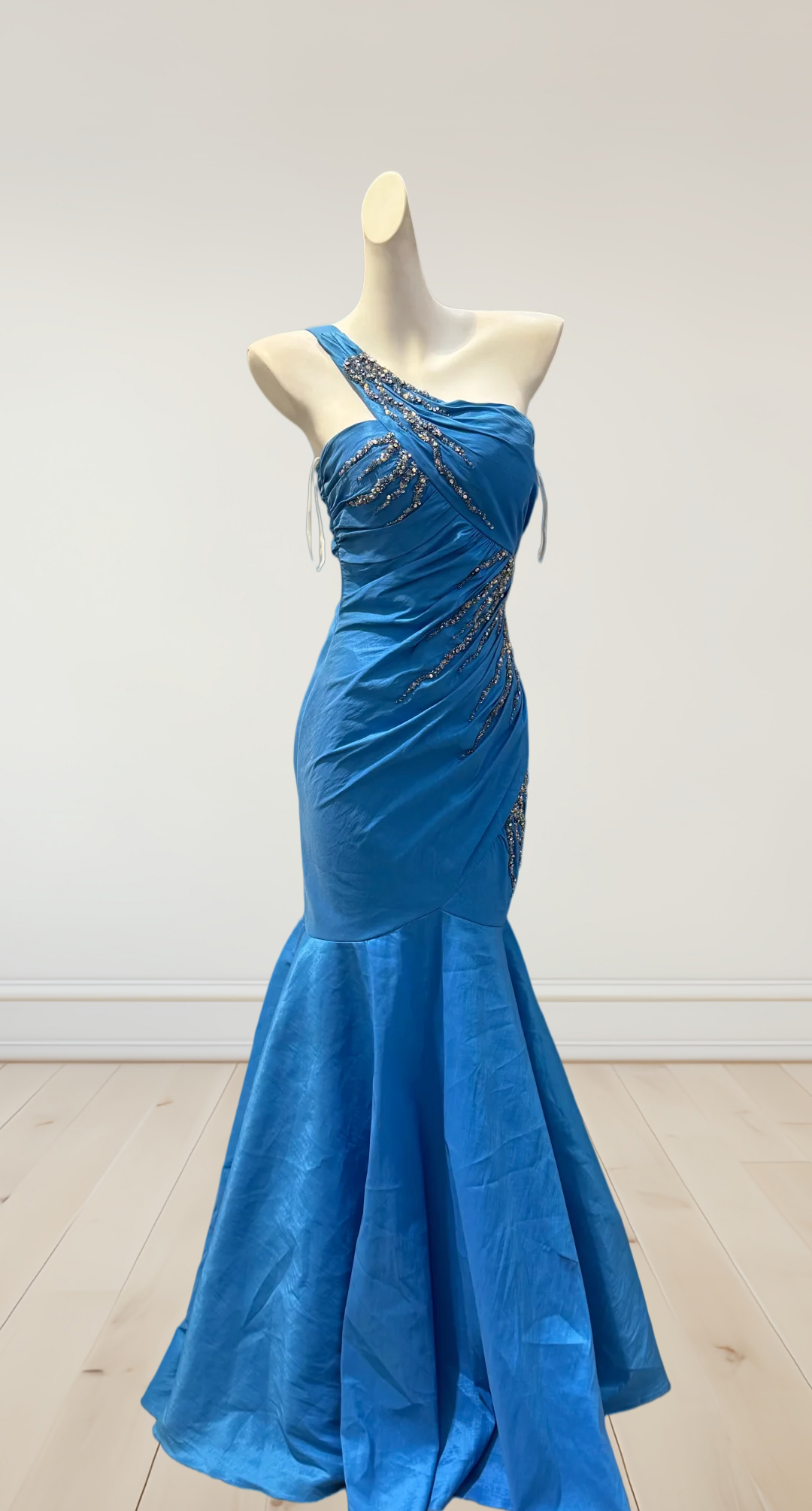 One Shoulder Blue Mermaid Prom Dress Beading Evening Gown  J10264