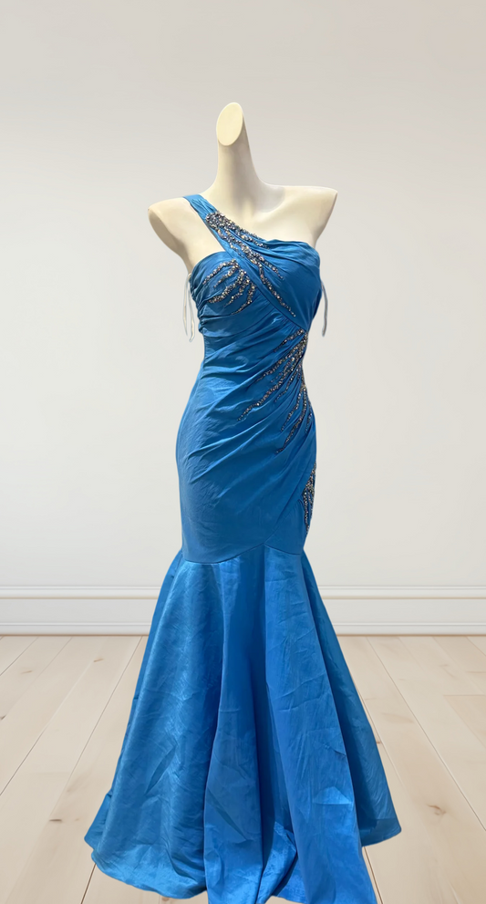One Shoulder Blue Mermaid Prom Dress Beading Evening Gown  J10264