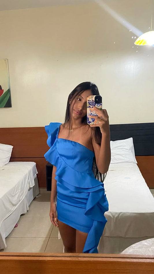 One Shoulder Blue Ruffled Homecoming Dress Cocktail Dress  J11088