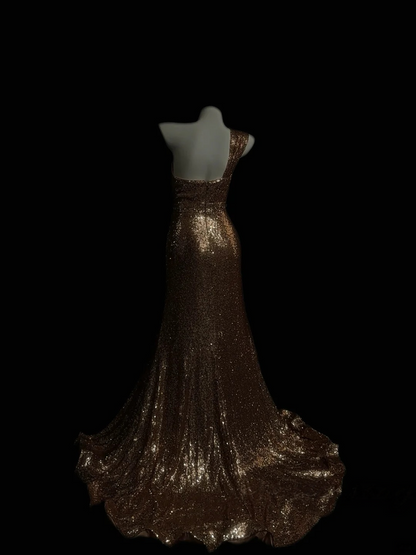 One Shoulder Champagne Gold Prom Dress Sequin Mermaid Evening Dress J10105