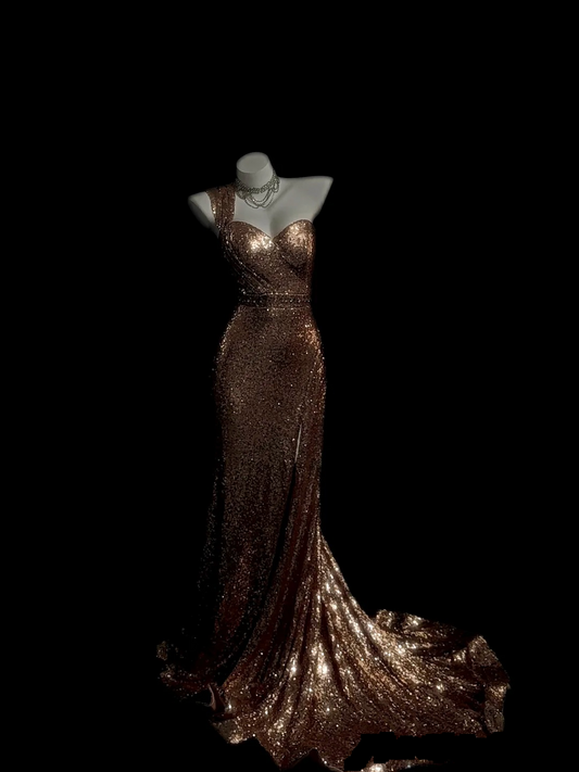 One Shoulder Champagne Gold Prom Dress Sequin Mermaid Evening Dress J10105