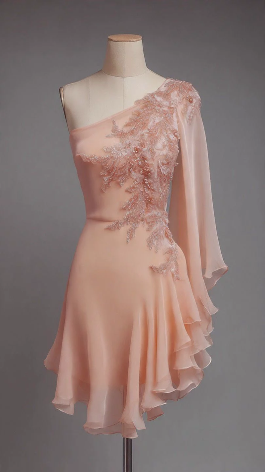One Shoulder Chiffon Homecoming Dress Beaded Appliques Short Birthday Dress  J10464