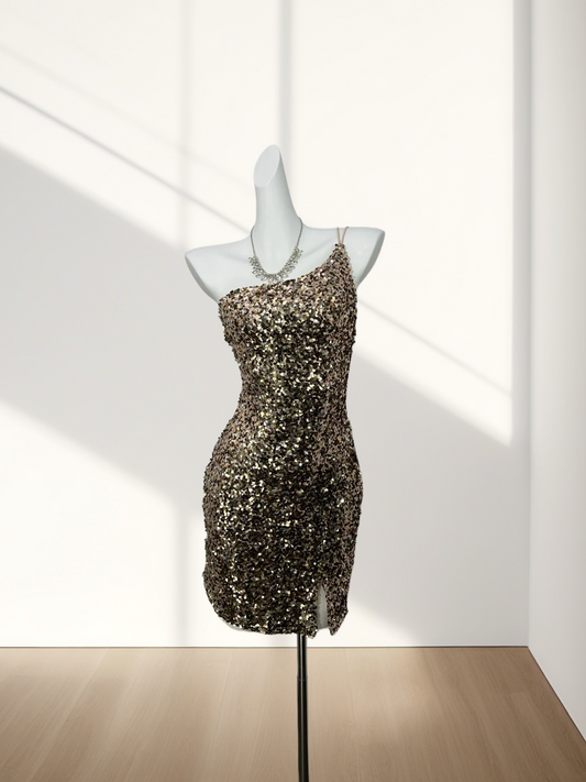 Trägerloses silbernes Vintage-Abendkleid, A-Linie, Geburtstagskleid J9370
