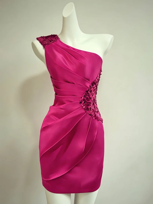 One Shoulder Hot Pink Satin Homecoming Dress  J10889