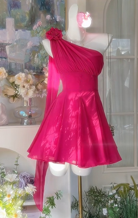 One Shoulder Hot Pink Short Homecoming Dress  J10956