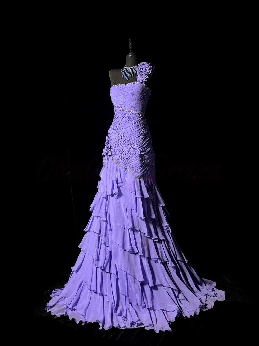 One Shoulder Lilac Layered Formal Prom Dress Chiffon Evening Gowns J10179