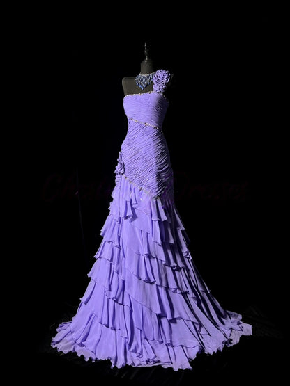 One Shoulder Lilac Layered Formal Prom Dress Chiffon Evening Gowns J10179