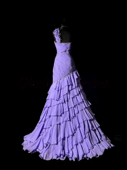 One Shoulder Lilac Layered Formal Prom Dress Chiffon Evening Gowns J10179