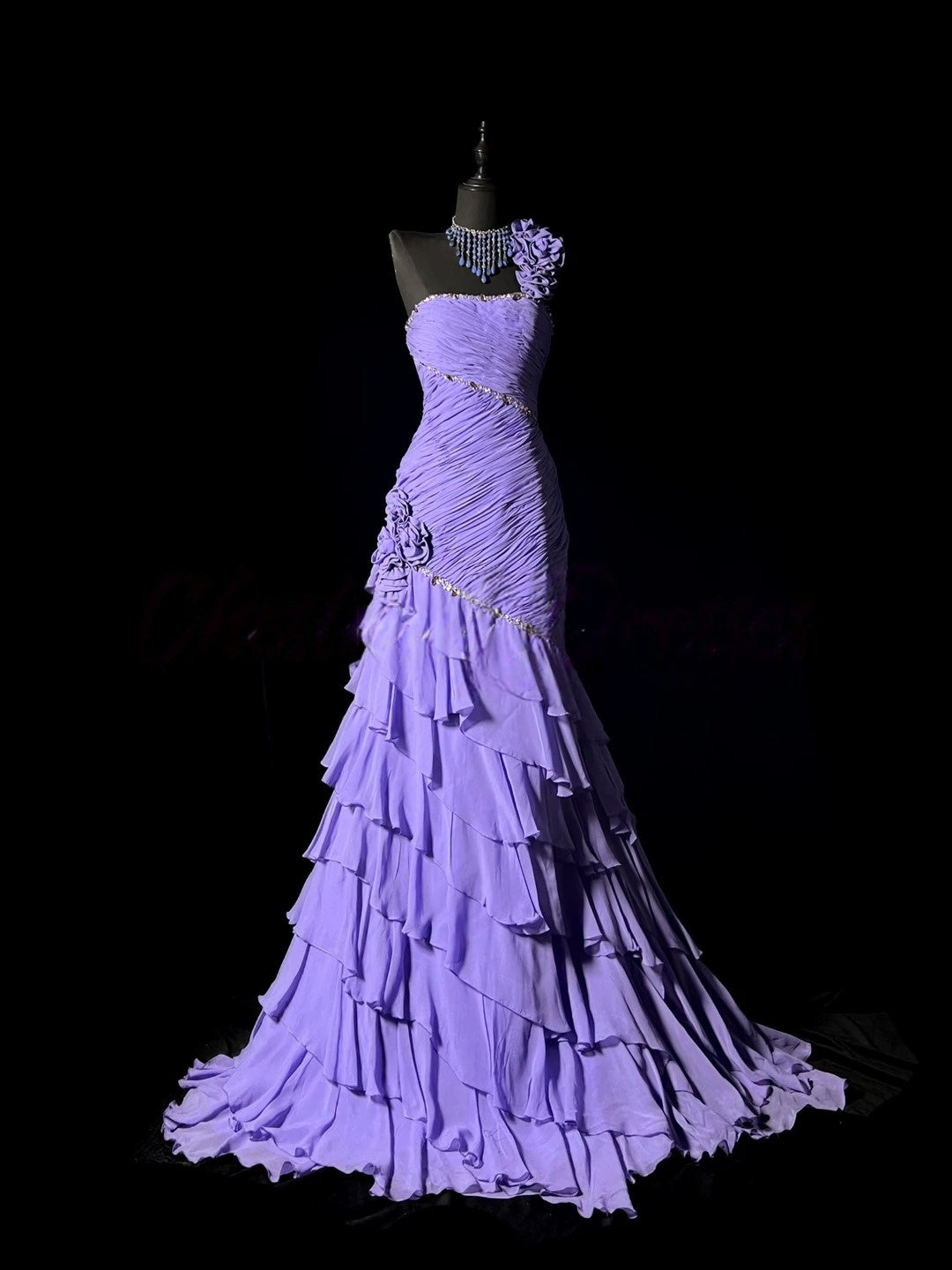 One Shoulder Lilac Layered Formal Prom Dress Chiffon Evening Gowns J10179