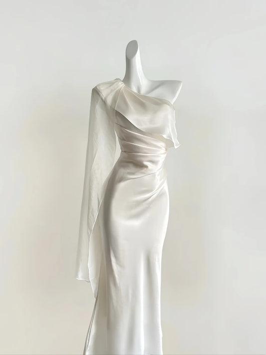One Shoulder Mermaid Satin Ivory Evening Dress Wedding Dress For Bridal  J10294