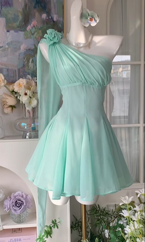 One Shoulder Mint Green Chiffon Short Homecoming Dress  J10957