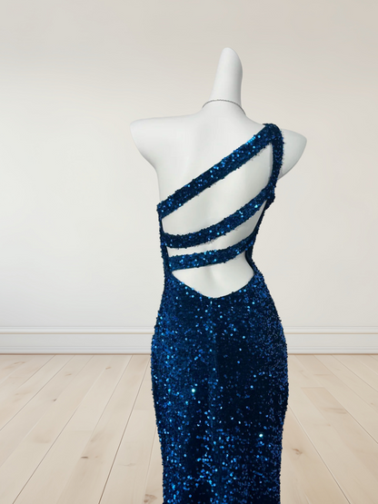 One Shoulder Navy Blue Sequin Prom Dress Sheath Evening Dress  J10345