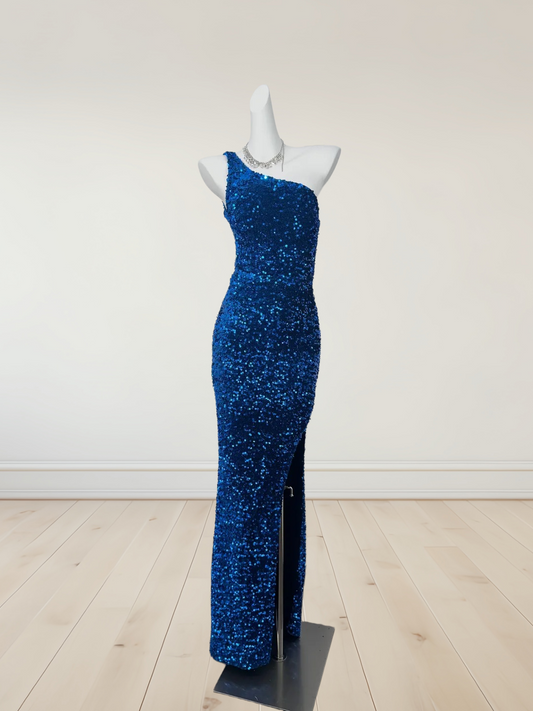 One Shoulder Navy Blue Sequin Prom Dress Sheath Evening Dress  J10345