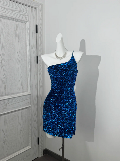 One Shoulder Navy Blue Sequin Sheath Homecoming Dress  J10256