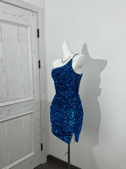 One Shoulder Navy Blue Sequin Sheath Homecoming Dress  J10256