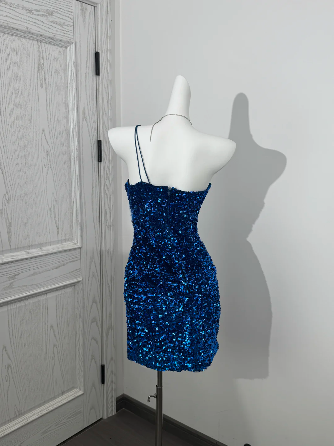 One Shoulder Navy Blue Sequin Sheath Homecoming Dress  J10256