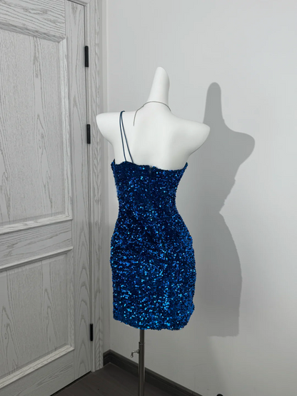 One Shoulder Navy Blue Sequin Sheath Homecoming Dress  J10256