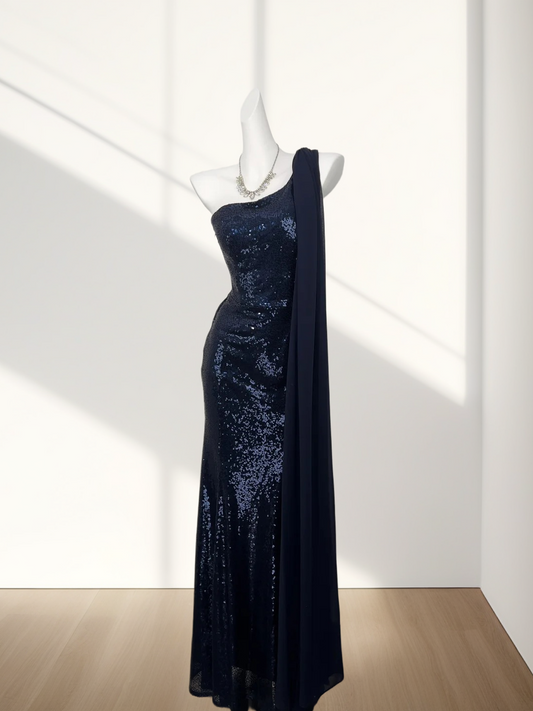 One Shoulder Navy Blue Sheath Evening Dress Sequins Prom Dress  J10306