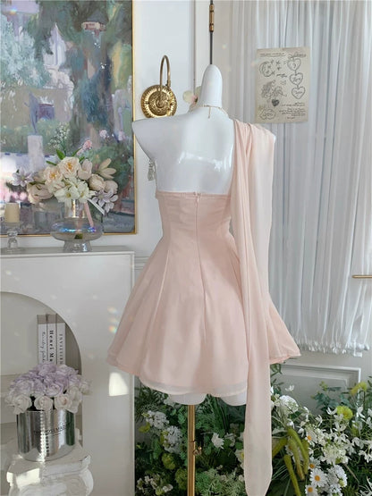 One Shoulder Pink Chiffon Homecoming Dress Short Party Dress  J11487