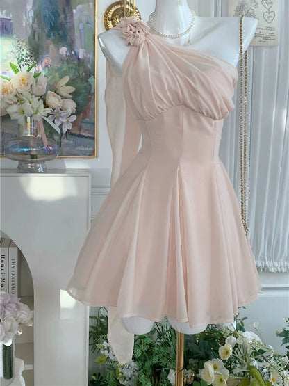 One Shoulder Pink Chiffon Homecoming Dress Short Party Dress  J11487