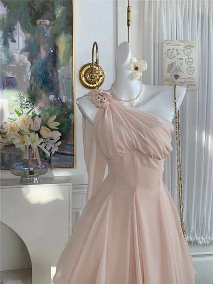 One Shoulder Pink Chiffon Homecoming Dress Short Party Dress  J11487