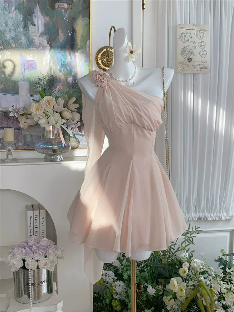One Shoulder Pink Chiffon Homecoming Dress Short Party Dress  J11487
