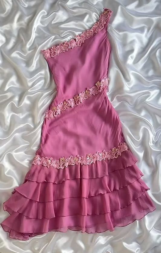 One Shoulder Pink Chiffon Retro Prom Dress With Appliques  J11683