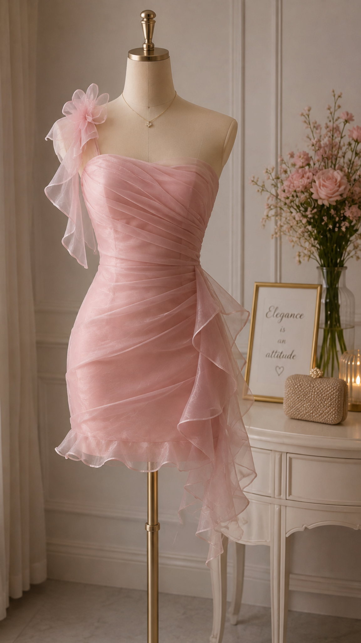 One Shoulder Pink Organza Homecoming Dress Mini Birthday Dress  J11595