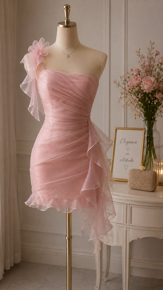 One Shoulder Pink Organza Homecoming Dress Mini Birthday Dress  J11595