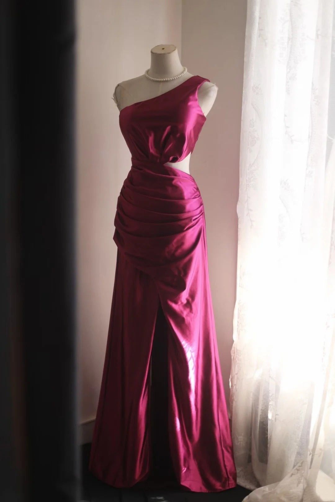 One Shoulder Pink Satin Prom Dress Sheath Evening Dress J10190