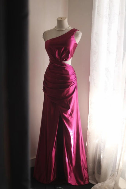 One Shoulder Pink Satin Prom Dress Sheath Evening Dress J10190