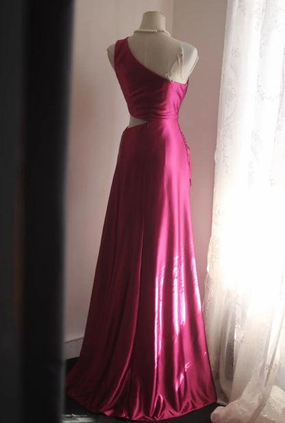 One Shoulder Pink Satin Prom Dress Sheath Evening Dress J10190