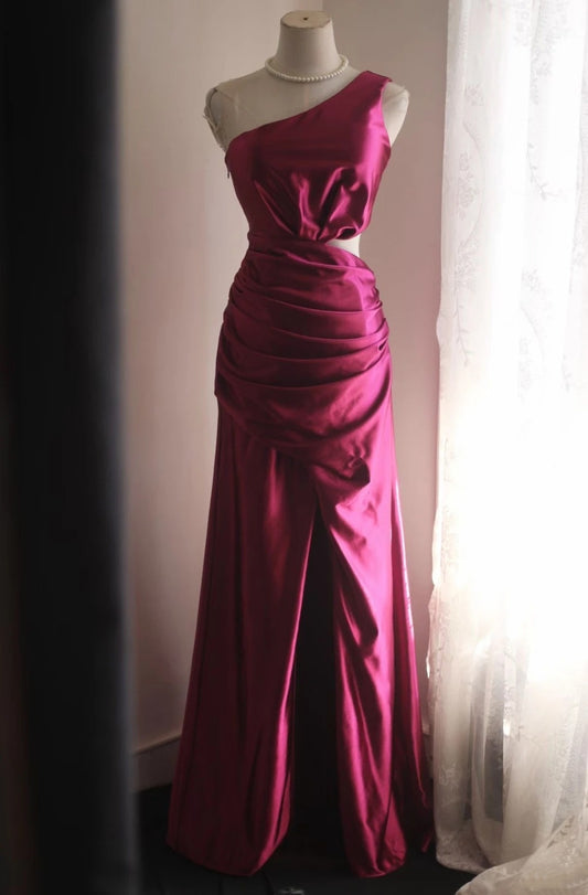 One Shoulder Pink Satin Prom Dress Sheath Evening Dress J10190