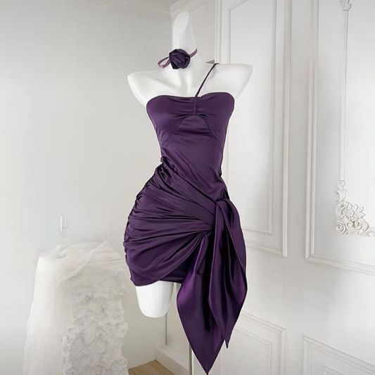 Robe de bal bustier violette en satin avec appliques, robe de soirée formelle J9413