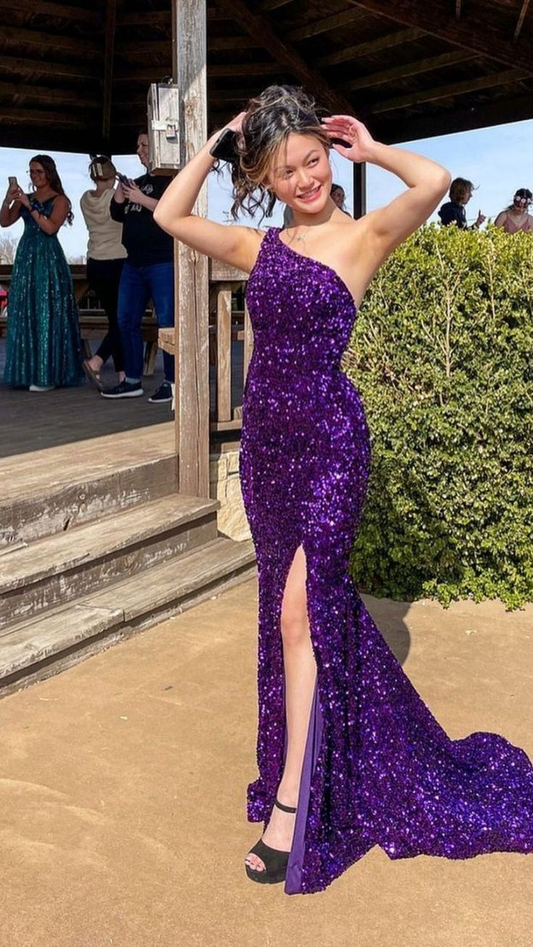 One Shoulder Purple Sequin Mermaid Prom Dress  J10313