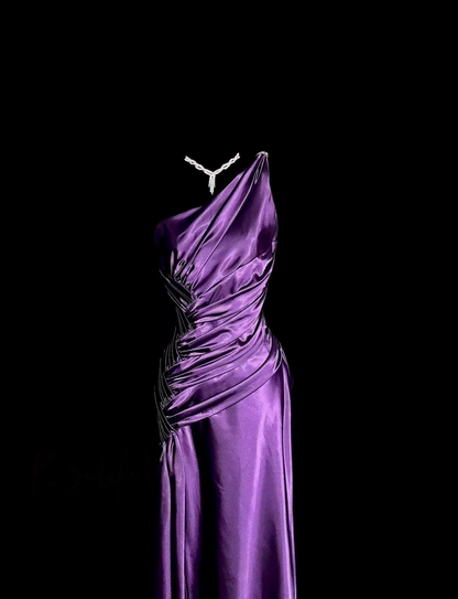 Robe de bal bustier violette en satin avec appliques, robe de soirée formelle J9413