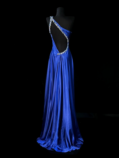 One Shoulder Royal Blue Formal Prom Dress Open Back Evening Gown J10155